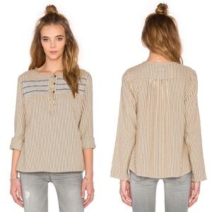 Current/Elliott The Repeat Henley Smocked Sweater Blouse Atlas Stripe Tan 2 M